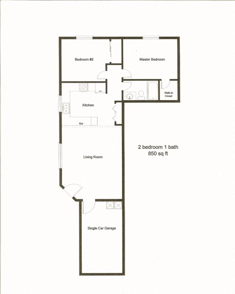 Floor plan for 2 beds, 1 bath, 850 sqft